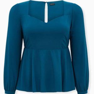 TORRID TEAL CREPE SWEETHEART PEPLUM BLOUSE